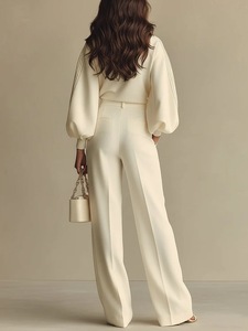 <span class=keywords><strong>Ensemble</strong></span> 2 pièces pour <span class=keywords><strong>femme</strong></span>, haut en tricot à manches lanternes blanc crème, pantalon à taille haute et jambes larges, <span class=keywords><strong>ensemble</strong></span> élégant et décontracté - Product Image 4