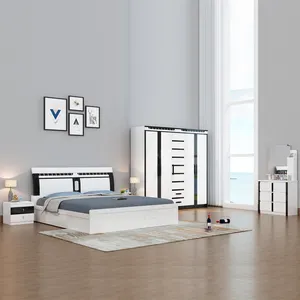 热销三聚氰胺卧室家具现代卧室套装带照明床头板1.8米液压卧室家具套装