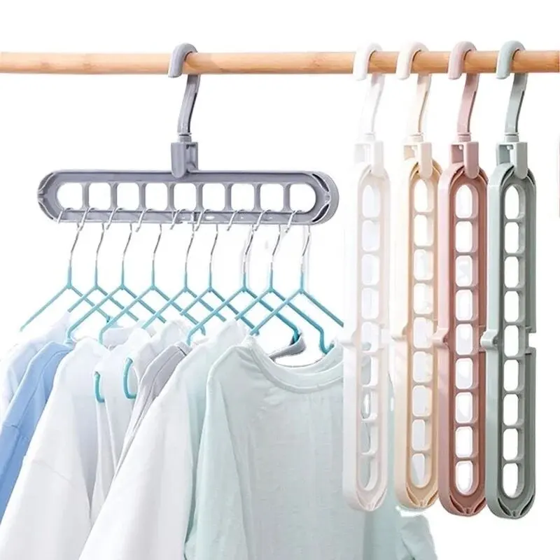 ไม้แขวนตู้เสื้อผ้าพลาสติกแบบหมุนได้9 In 1,ราวแขวนผ้าแห้งแบบพับได้360องศาอุปกรณ์จัดระเบียบในบ้าน
