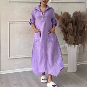 Tốt Nhất Bán Cộng Với Kích Thước Dài Dresses Phụ Nữ Giản Dị Cotton Linen Vải Nửa Tay Áo Ve Áo Maxi Dress Phụ Nữ Với Túi - Product Image 2