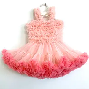 Grosir Pink Chiffon Rok Desain Lembut Ruffle Anak Bayi Gadis Putri Partai Tutu Gaun