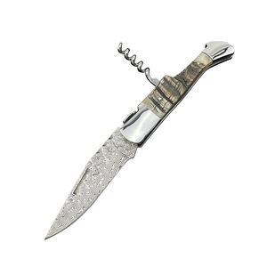 Couteau à tire-bouchon de haute qualité R0133, lame en damas tranchante, couteau tactique de survie en plein air, étui en cuir, couteau à lame pliable - Product Image 1