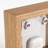 Présentoir de vente au détail pour écouteurs avec cadre en bois de qualité supérieure et plaque arrière en acrylique transparente pour magasin d'audio et stand d'exposition
