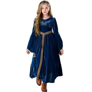 Robe longue de cour médiévale en velours, coupe trapèze, col rond, costume de princesse pour filles, robe de cosplay pour spectacle sur scène, bleu, rouge - Product Image 2
