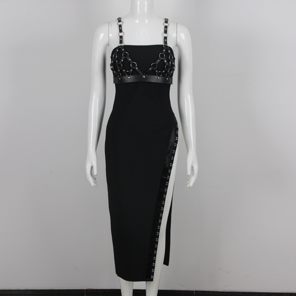 zara striped dress black and white Celebrity Inspired Black Evening Dress With Gold Chain – Mislish main image 1