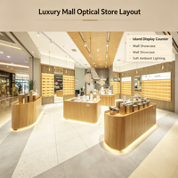 Meubles de présentation pour magasin d'optique haut de gamme, comptoir de présentation incurvé en bois pour lunettes, vitrine murale pour lunettes de soleil avec éclairage LED ambiant