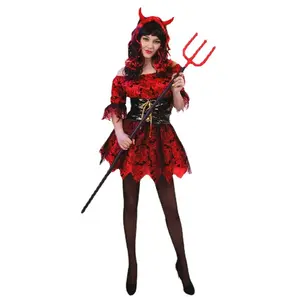 Funmular成人魔鬼服装女性红色连衣裙头带万圣节角色扮演服装