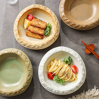 Assiette à salade rustique en grès, motif uni, plat de service en céramique, assiette de dîner haut de gamme, vaisselle de style minimaliste