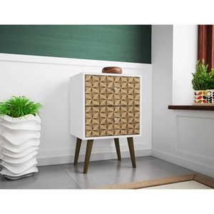 Nightstand In Natural And White With Geometric Wood <b>Drawers</b> Mid Century Modern Style <b>Storage</b> <b>Drawer</b> Unit - Product Image 2