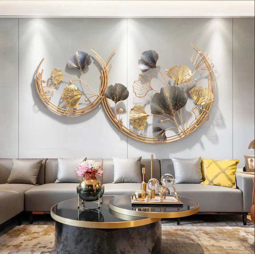 Modern Interior Metal Crafts Hanging Design Golden Ginkgo Leaves Wall Art Home Decor Luxury