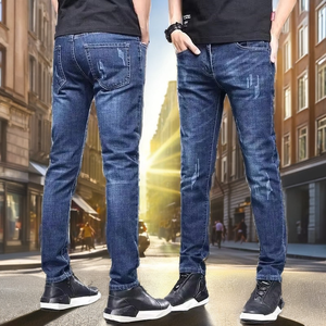 Jean en denim pour homme, taille haute, coupe slim, délavé moyen, décontracté, jambe droite, élastique, séchage rapide, pour le sport et les affaires - Product Image 2