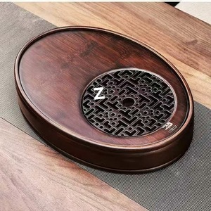 Plateau à thé ovale en bambou, petit, pour usage domestique, avec rangement d'eau pour infusion à sec, finition vernie, facile à nettoyer - Product Image 4