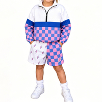 Atasan Pullover Unisex Kerah Setengah Resleting Warna-Warni Motif Kotak-Kotak Celana Pendek Asimetris Motif Cetak Kasual Setelan Olahraga Tim