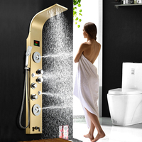 Paneles de Ducha de Lujo YMC de Acero Inoxidable Negro Montados en Pared con Efecto Lluvia, Cabezal de Ducha de Lluvia Termostático LED, Gran Venta para Salones