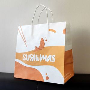 ถุงกระดาษคราฟท์สีน้ำตาลขาวแบบมีหูหิ้วสำหรับใส่กลับบ้าน บรรจุภัณฑ์สำหรับอาหาร  ย่อยสลายได้ พิมพ์โลโก้ได้ตามต้องการ - Product Image 1