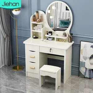 cheap storage round mirror nordic style wood vanity dresser dressing table makeup with mirror and stool