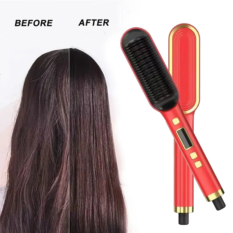 2024 Hot Enhanced Ionic Hair Straightener Brush Hair Straightener Peigne avec 30s Chauffage rapide et 5 réglages de température et anti-brûlure