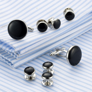 Set di <span class=keywords><strong>Gemelli</strong></span> Personalizzati per <span class=keywords><strong>Camicia</strong></span> Smoking Francese, Placcati in Ottone, Rotondi con Smalto Nero, per Uomo d'Affari - Product Image 3