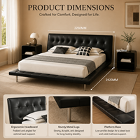 Lit moderne écologique en cuir noir rembourré avec tête de lit matelassée et tables de chevet