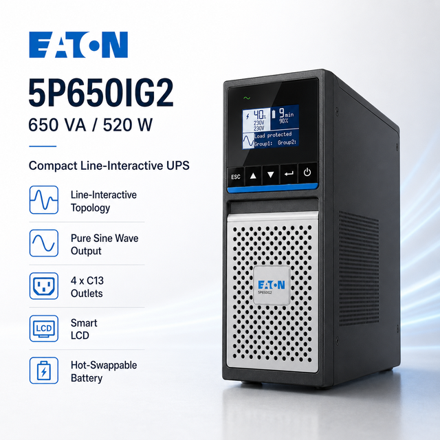 Eaton 5P650IG2 Line Interactive UPS 650VA 520W Smart LCD Display Hot Swappable Battery Reliable Power