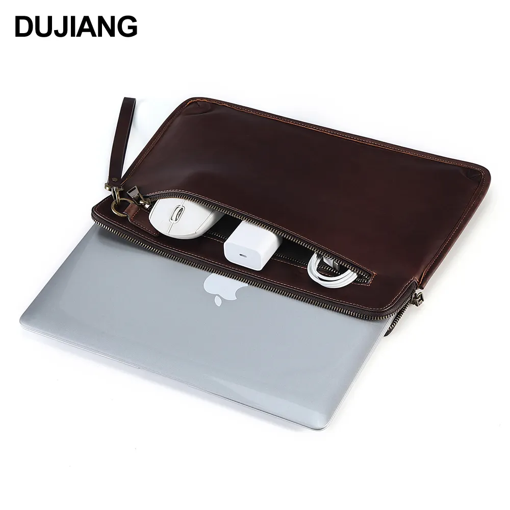 Handmade Cowhide Leather Men Cluth Bag with Wrist Strap Genuine Leather Laptop Macbook Sleeve Case for 14.2 inch Macbook Pro
