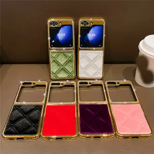 Luxury Gold Bling Diamond Plaid Lattice Velvet Plush Cover Soft Fabric Cloth Case for Sam Z Flip 5 Z Flip 3 Z Flip 4