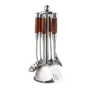 Utensilios de cocina Oriental con mango de madera, juego de cucharas, 7 piezas