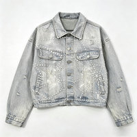 Veste en jean épais à épaules tombantes, design personnalisé, en denim vintage délavé au soleil, en coton, à manches longues, avec strass et col rabattu