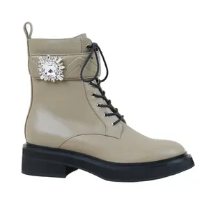 Rhinestone queda 2022 lace up mulheres botas quente salto liso senhora couro tornozelo ampla segurança zipper montagem botas de inverno para as mulheres