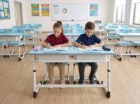 Ensemble de bureau et chaise scolaire réglable 2 places pour projets en classe, plateau en MDF de 18 mm avec fentes pour stylos et crochets pour sacs