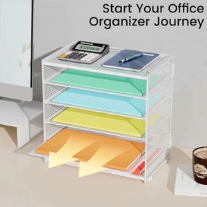 Organisateur de bureau en maille pour accessoires de bureau, organiseur de poste de travail, plateau à lettres à 6 niveaux, organisation de bureau, blanc - Product Image 4