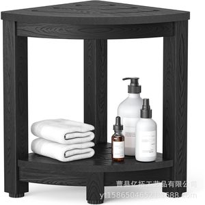 Banc de salle de bain en bois Yituo avec étagère de rangement à 2 niveaux, siège d'angle, tabouret noir, mobilier de douche intérieur - Product Image 3