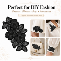 Applique en dentelle florale noire, garniture brodée de fleurs et de feuilles pour robes, gowns, hauts, chemisiers, pièce de décoration de mode à coudre soi-même