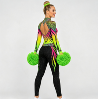 Unitard de danse et de cheerleading personnalisé à manches longues, imprimé léopard dégradé, en spandex et strass, avec découpes et dos ouvert en maille, pour la compétition et l'entraînement