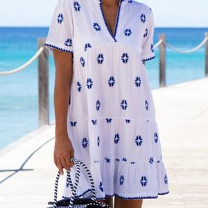 Vestido de Lino y Algodón Bordado Personalizado, Elegante, Cuello en V, Casual, Corte en A, Manga Corta, Midi, Vestido de Verano para Mujer - Product Image 2