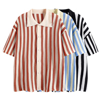 Polo en tricot rayé à col, boutonnage simple, manches courtes, en polyester, haut tricoté décontracté et respirant, T-shirt rayé d'été