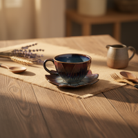 Set Cangkir dan Piring Teh Keramik Porselen 250ml Desain Krisan Gaya Jepang Buatan Tangan Vintage, Ramah Lingkungan dengan Lapisan Reaktif