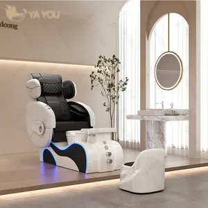 Silla de estación de spa de pedicura de cuero negro moderno blanco de lujo con lavabo de masaje de pies para salón de belleza tienda de spa
