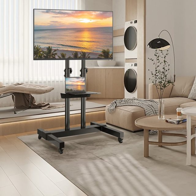 Heavy Duty Alloy Steel Mobile TV Cart Stand for 24-65" TVs Height-Adjustable Lockable Wheels Media Shelf & Cable Management