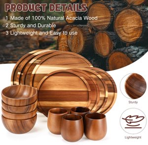 Pratique chaud 16 pièces ensemble de vaisselle en bois d'acacia plateau en bois assiettes rondes en bois bols en bois massif et tasses à thé pour la cuisine - Product Image 4