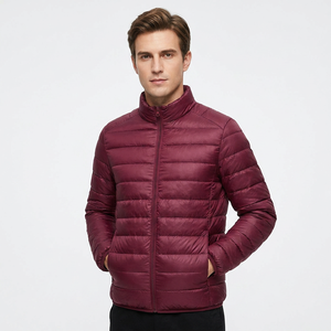 Unisex Burgundy Slim Fit Puffer Jacket Stand Collar Zipper Closure Waterproof Breathable Windproof Casual Winter Filling Solid - Product Image 1