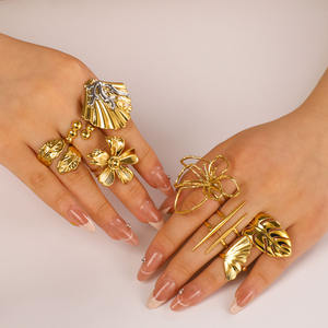 Ensemble de bagues ouvertes d'été en acier inoxydable plaqué or 18 carats, style océan, géométrique, coquillage, feuille, fleur - Product Image 1