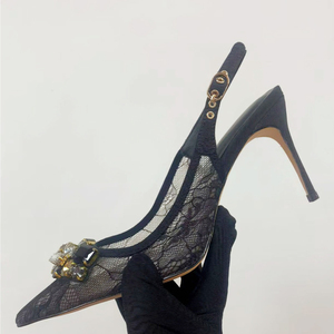 Women High Heels Stiletto Summer Pointed Toe Rhinestones Slingback Shoes Dress on Back Strap Sexy <b>Black</b> Lace <b>Pumps</b> - Product Image 1