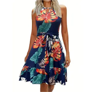 Women fashionable trendy sexy chic style Belted Casual sleeveless Plants printed summer hot mini length Keyhole Neckline Dress