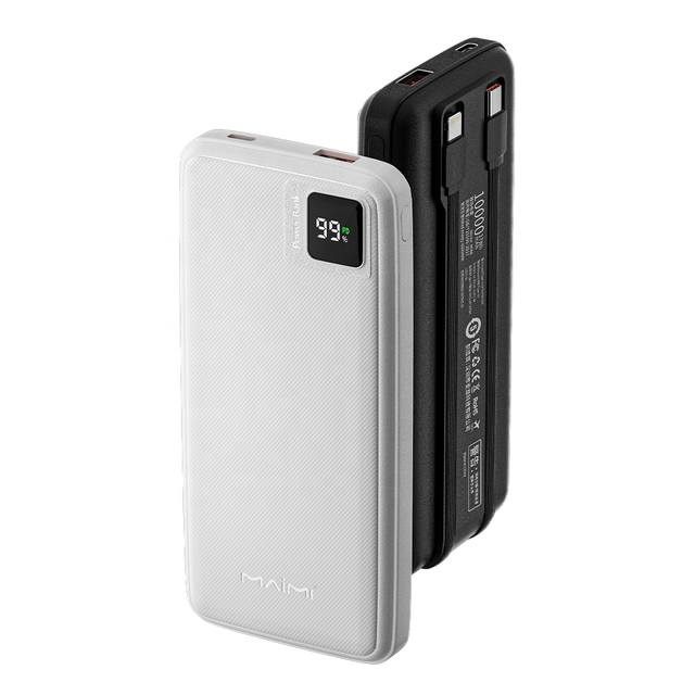 Maimi Oem 22.5W Slim Led Digital Display Powerbank Fast Charging with Built in Cables 10000mAh Portable Mobile Phone Power Bank