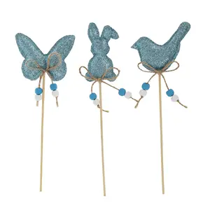 Wholesale Decorative Floral Sticks Easter Rabbit Leather Pick For Flower POTS Decoration