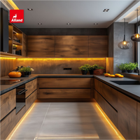 Meuble de cuisine Alland de qualité supérieure, moderne, en bois naturel, avec étagères ouvertes et pierre frittée noire, pour maison neuve sur mesure