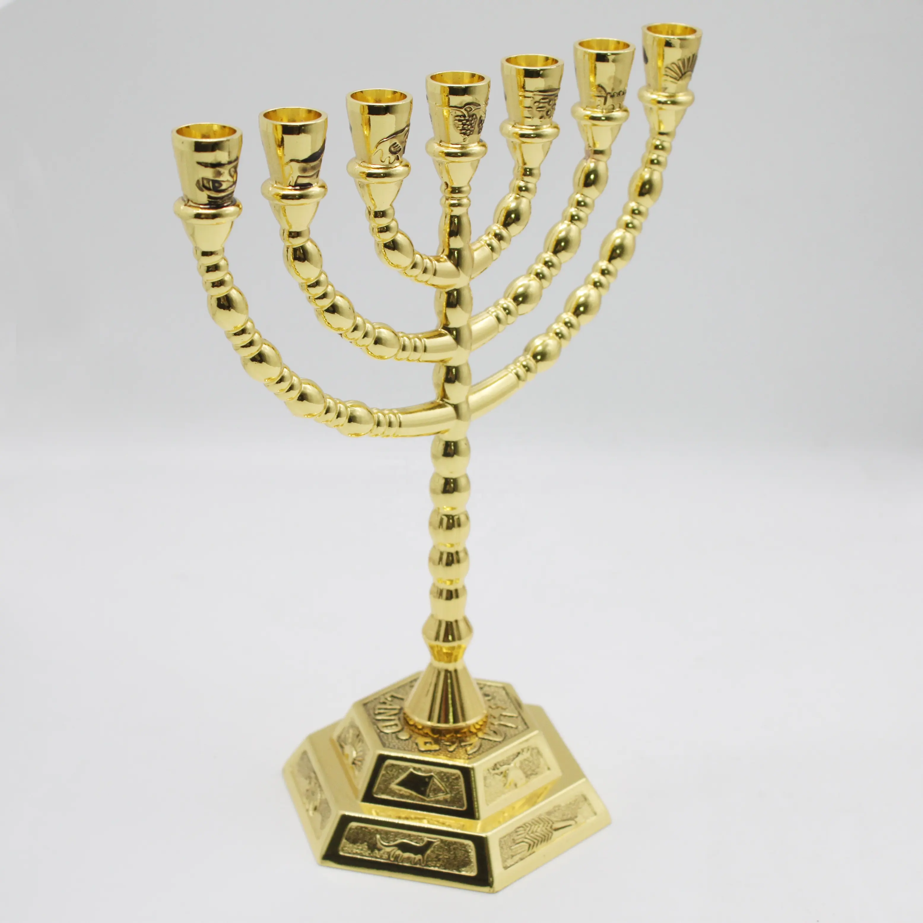Gold Plated 12 Tribes of Israel Emblems 7 Branch Temple Menorah