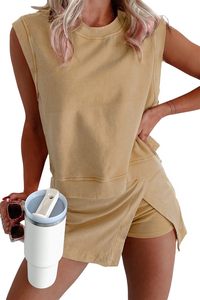 Conjunto de <span class=keywords><strong>dos</strong></span> piezas para mujer: Top sin mangas de algodón con lavado mineral y falda deportiva con abertura, ideal para viajes y descanso de verano. - Product Image 6