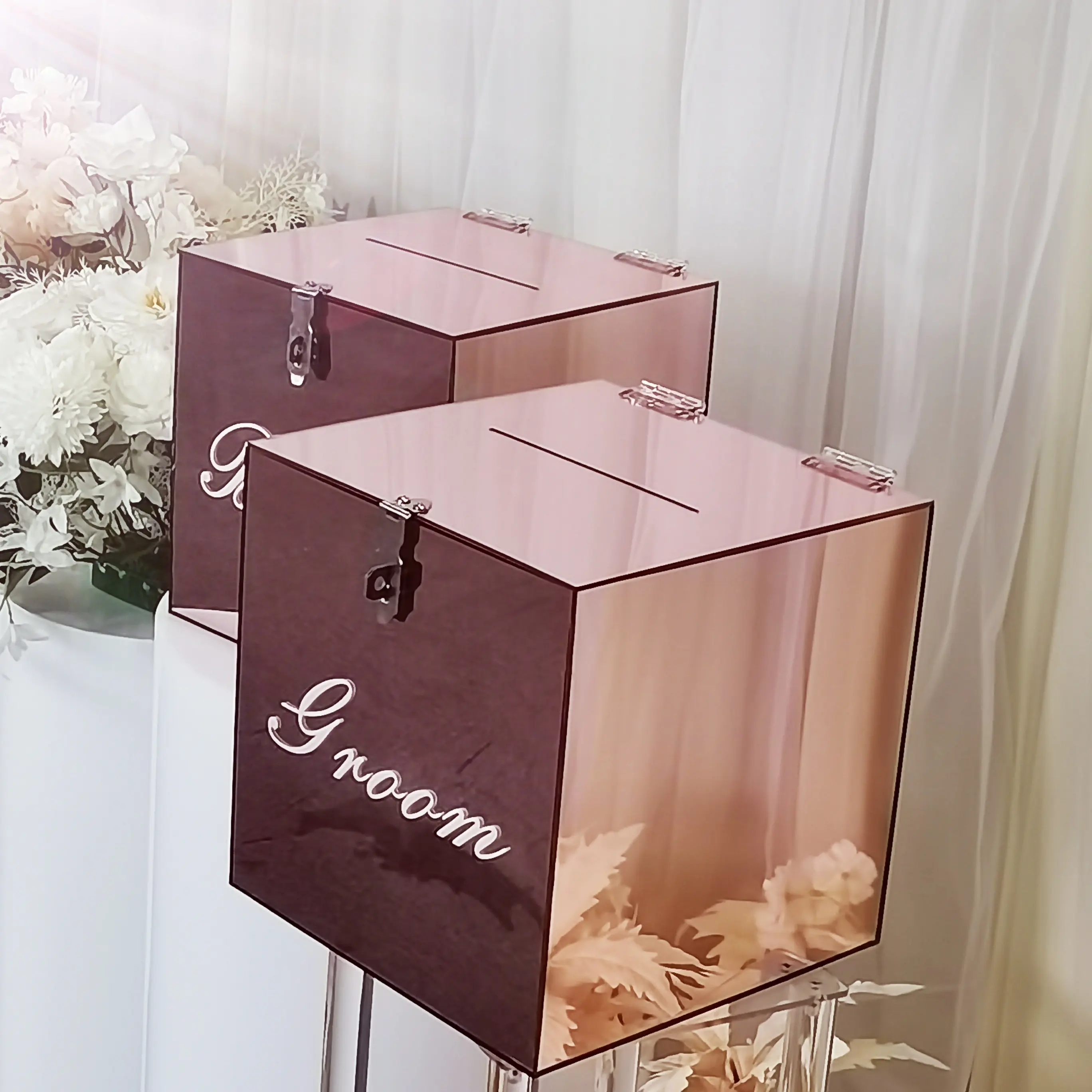 Hot Sale Wedding Card Money Box Size Rose Gold Acrylic Charity Donation Box Wedding Wishing Well Box with Lock